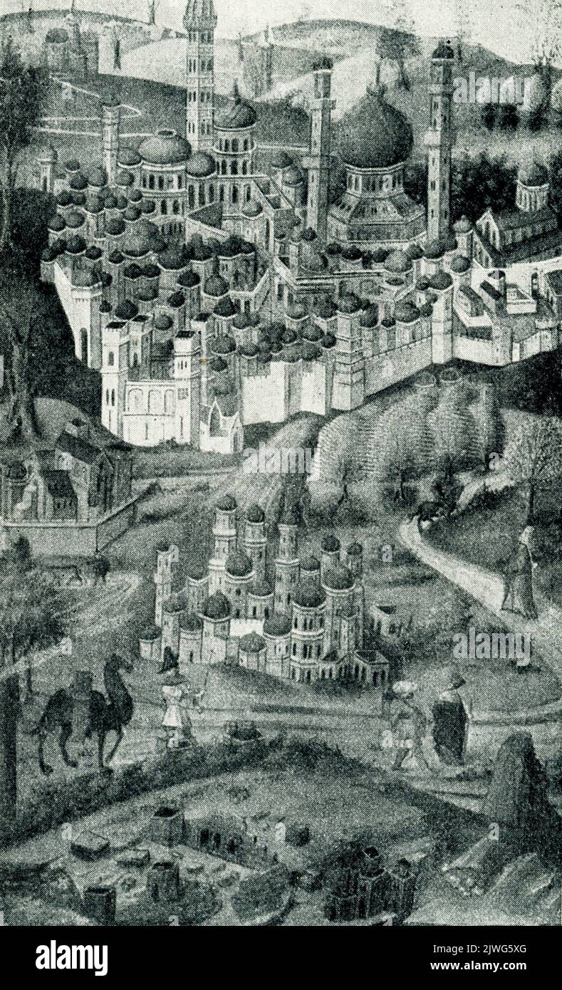 The caption for this 1910 image reads: “View of the city of Jerusalem in the Middle Ages. A miniature from the travel log of Bertandon de la Broquiere (15th century). Original in the Paris National Library.” Stock Photo
