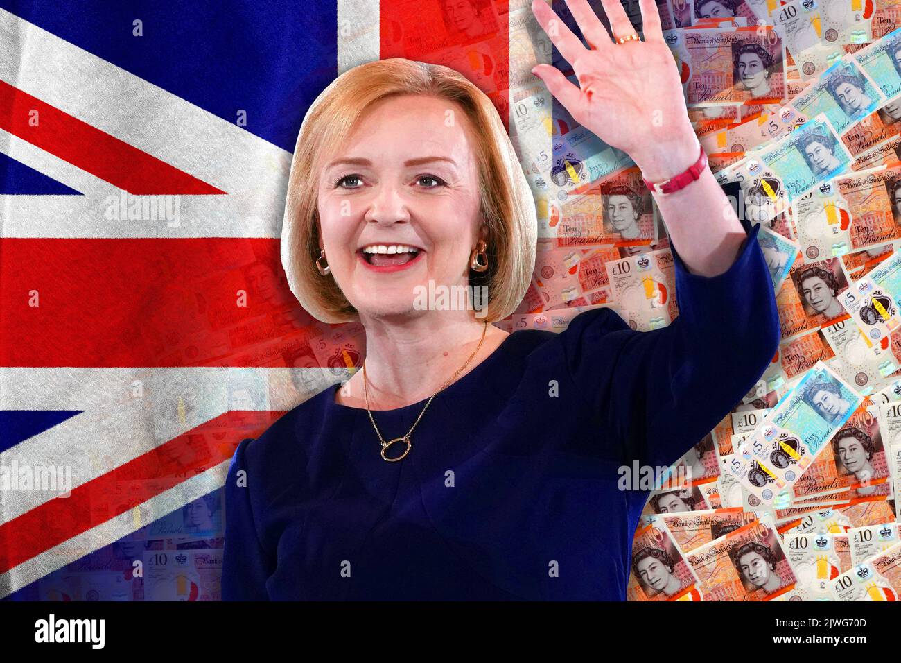 Liz Truss, sterling cash notes and UK flag Stock Photo