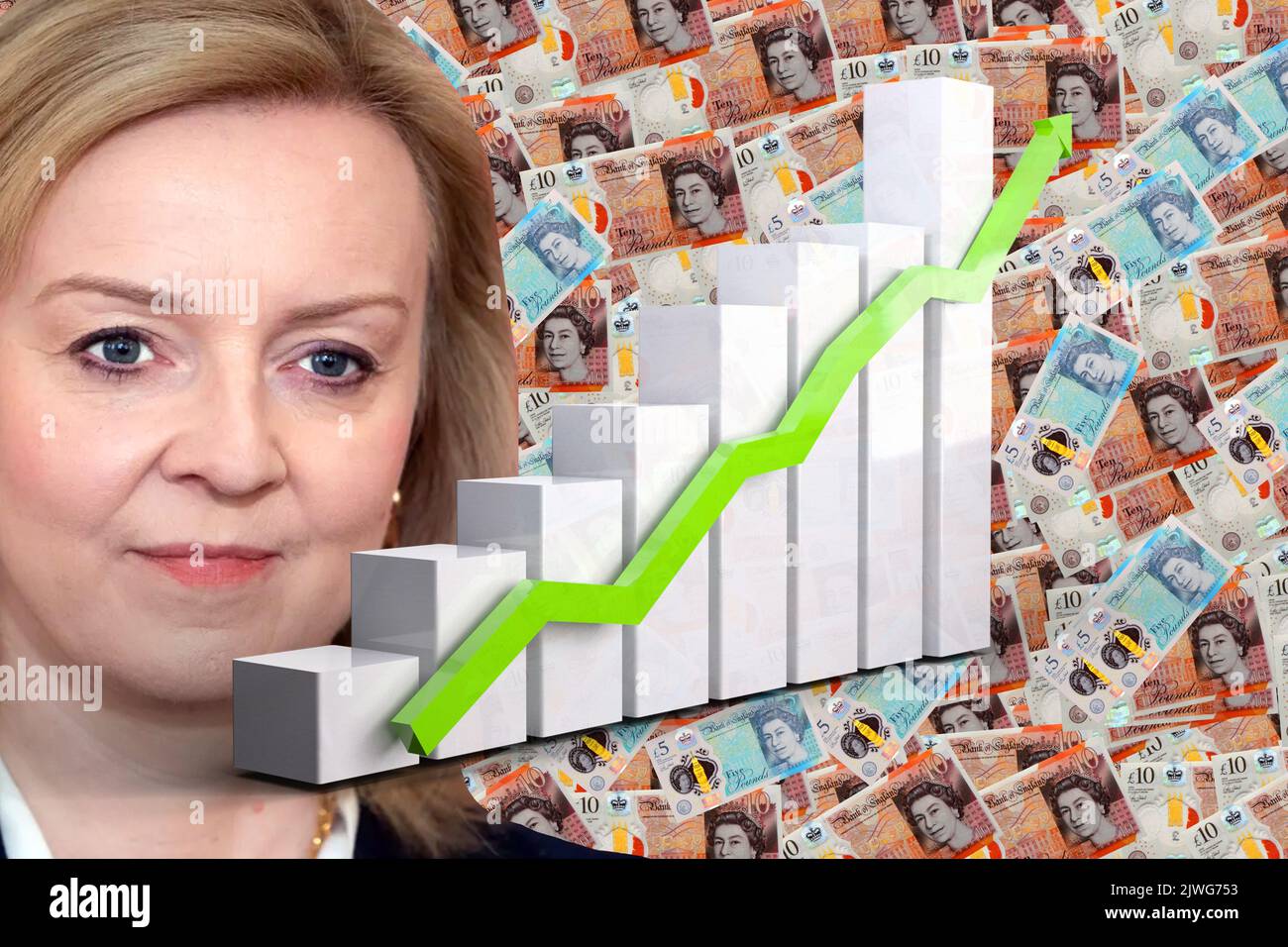 Economy Chart - Up Arrow, Liz Truss and Cash British Pound Notes Stock Photo