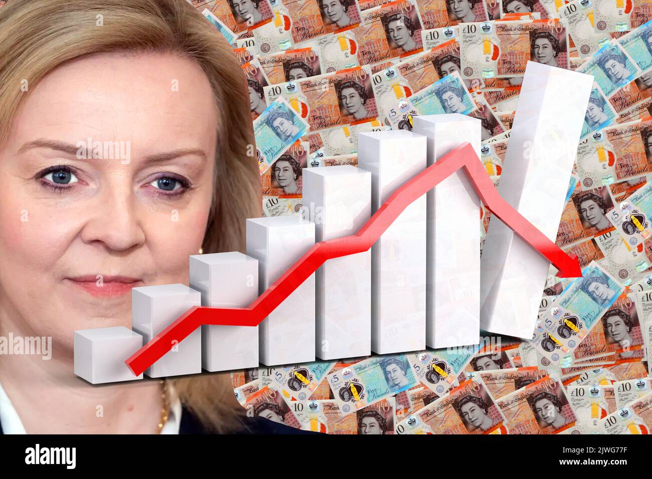 Economy Chart - Down Arrow, Liz Truss and Cash British Pound Notes Stock Photo