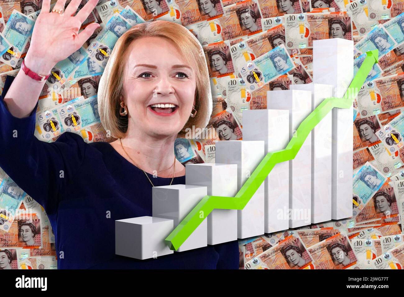 Economy Chart - Up Arrow, Liz Truss and Cash British Pound Notes Stock Photo