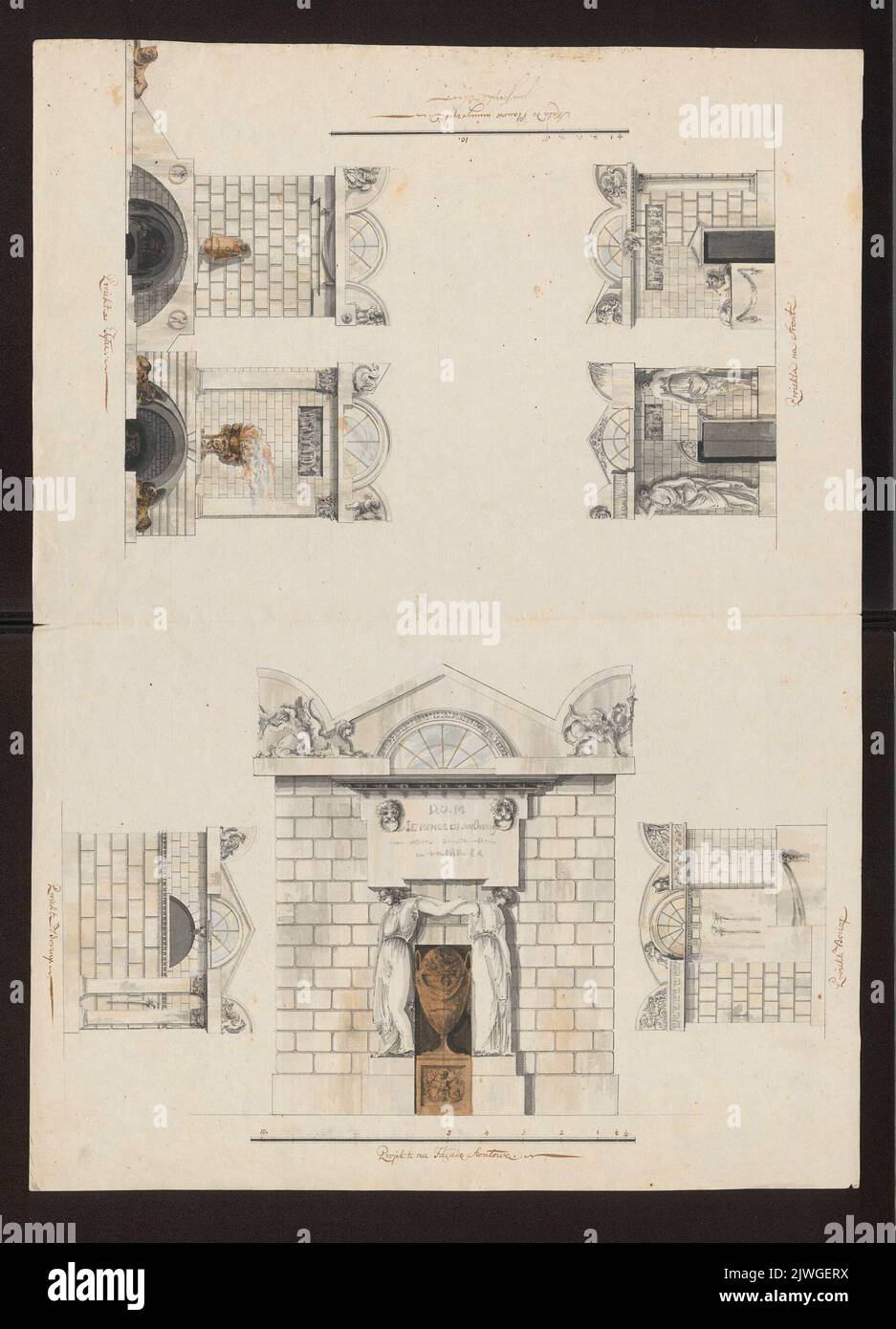 Arkadia. The Tomb of Illusions. Tomb in the form of sarcophagus. Front wall. Vertical plans of side walls with alternative ornamentation. Two vertical plans of the front walls with alternative ornamentation. Two alternative vertical plans of the back wall. Sierakowski, Józef (1765-1831), draughtsman, cartoonist Stock Photo