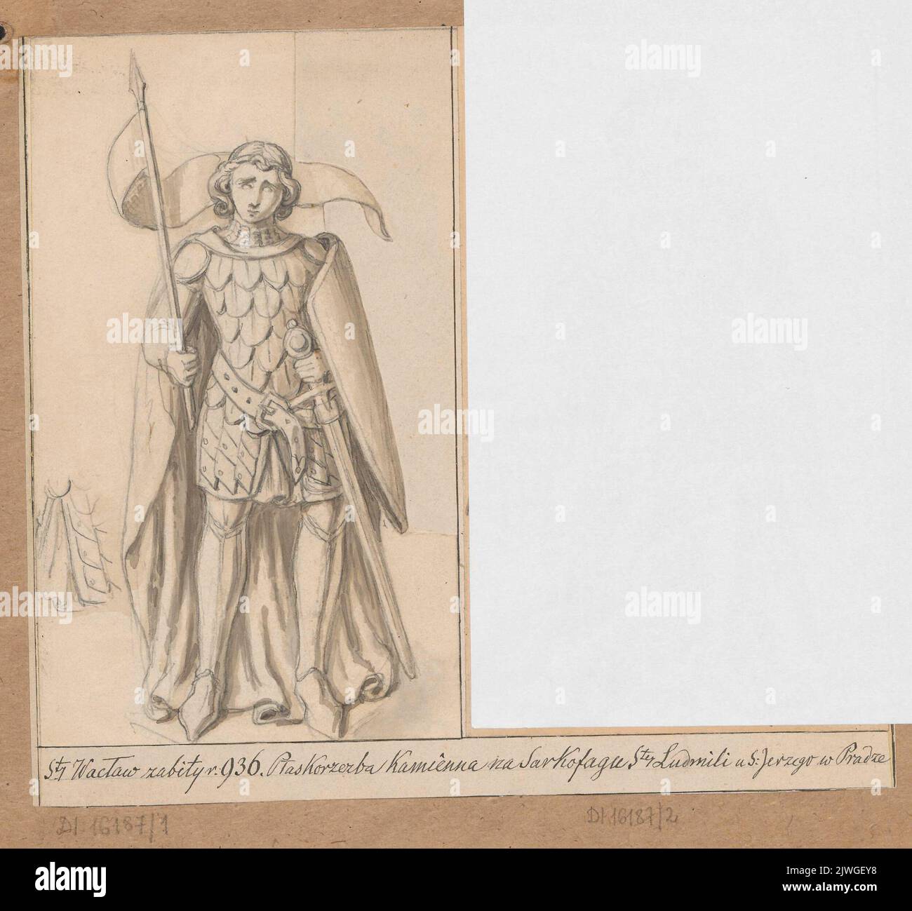 St. Wenceslas I in knight attire with flag in hand, according to bas