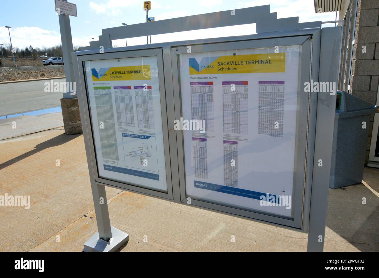 Bus schedules at Sackville Terminal of the Halifax Transit system in Halifax, Nova Scotia, Canada Stock Photo