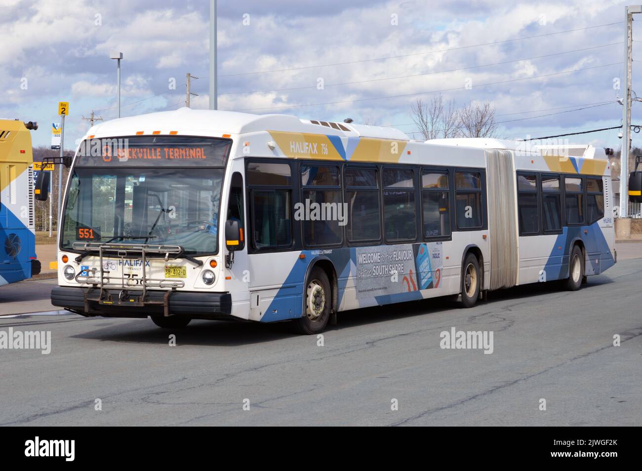 Articulated bus (Novabus LFS Artic) at Sackville Terminal of the Halifax Transit system in Halifax, Nova Scotia, Canada Stock Photo