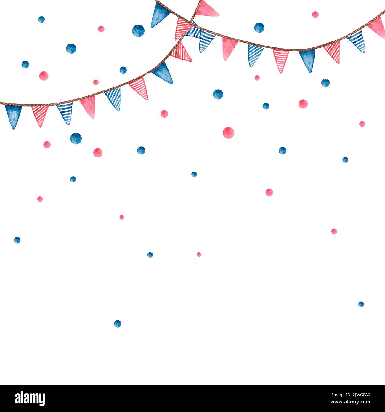 Background with garlands and bubbles. Watercolor holiday clipart in blue and burgundy colors. Stock Photo