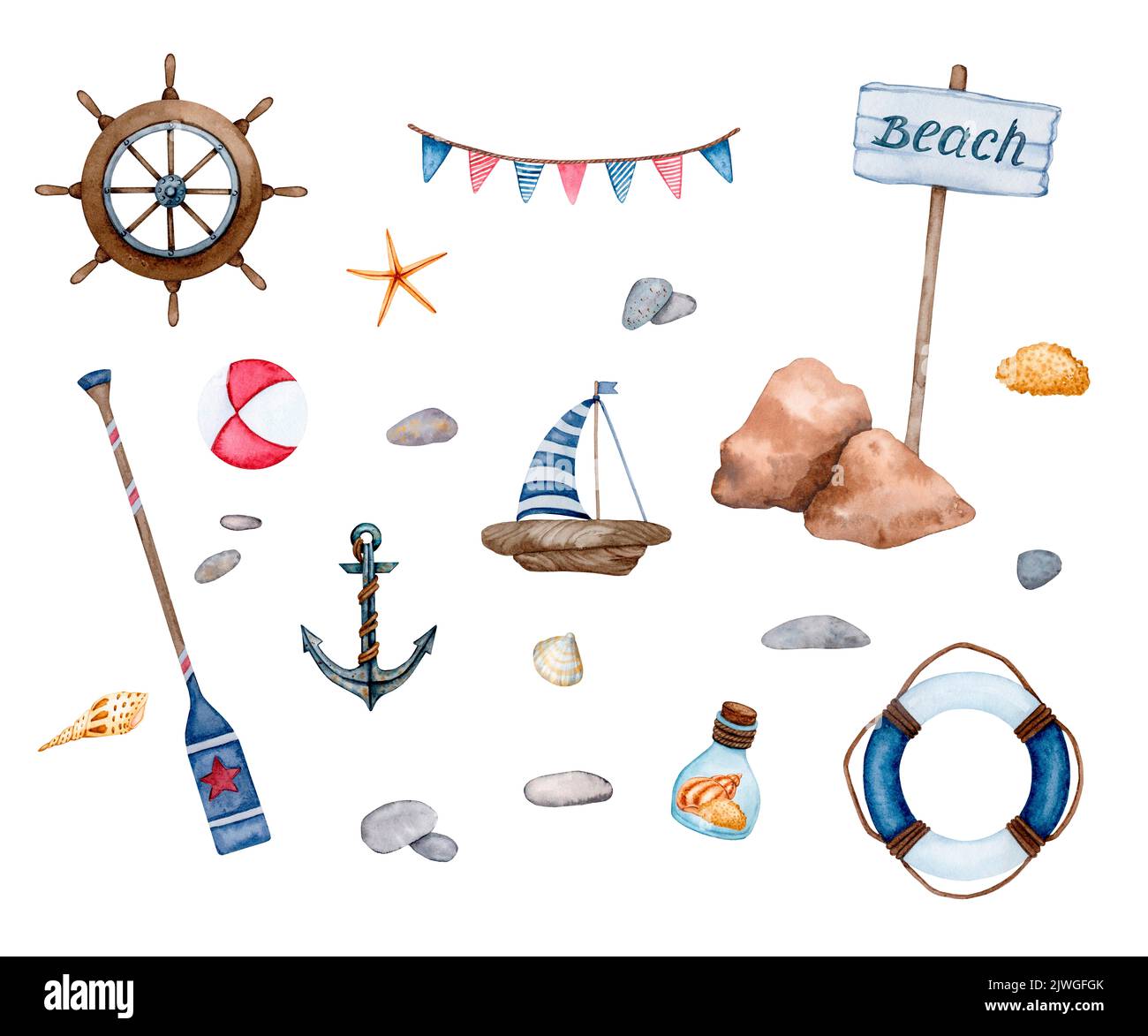 Big set of nautical elements. Rudder, anchor, seashells, lifebuoy and