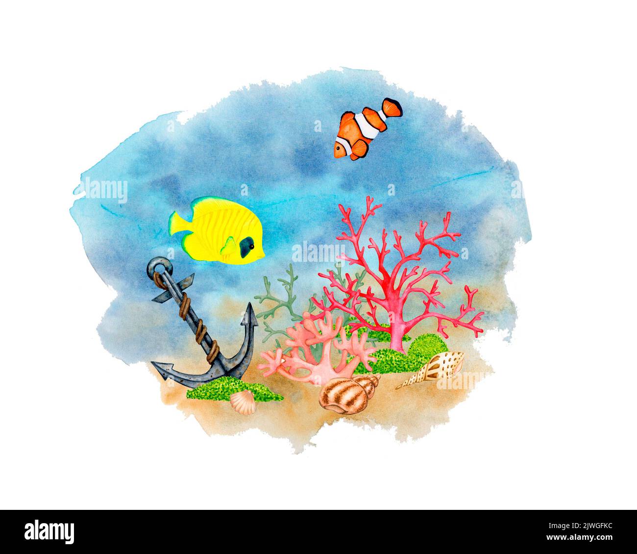 Sea bottom. Watercolor composition. Coral reef, shells, sunken anchor and exotic fish. Stock Photo