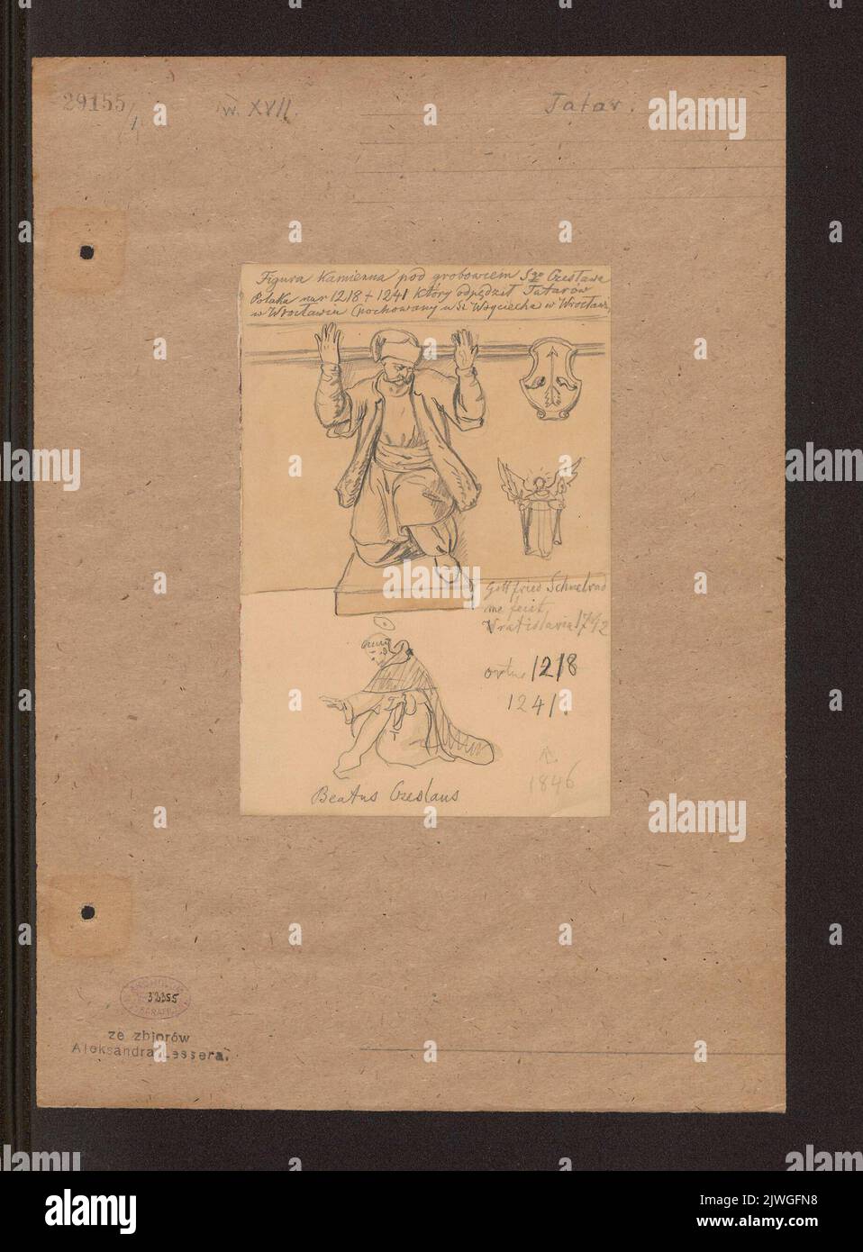 Stone figure of Tatar, cost of arms and figure of kneeling monk, sketches from the grave of blessed Czesław Odrowąż at the church of St. Adalbert in Wrocław. Lesser, Aleksander (1814-1884), draughtsman, cartoonist Stock Photo