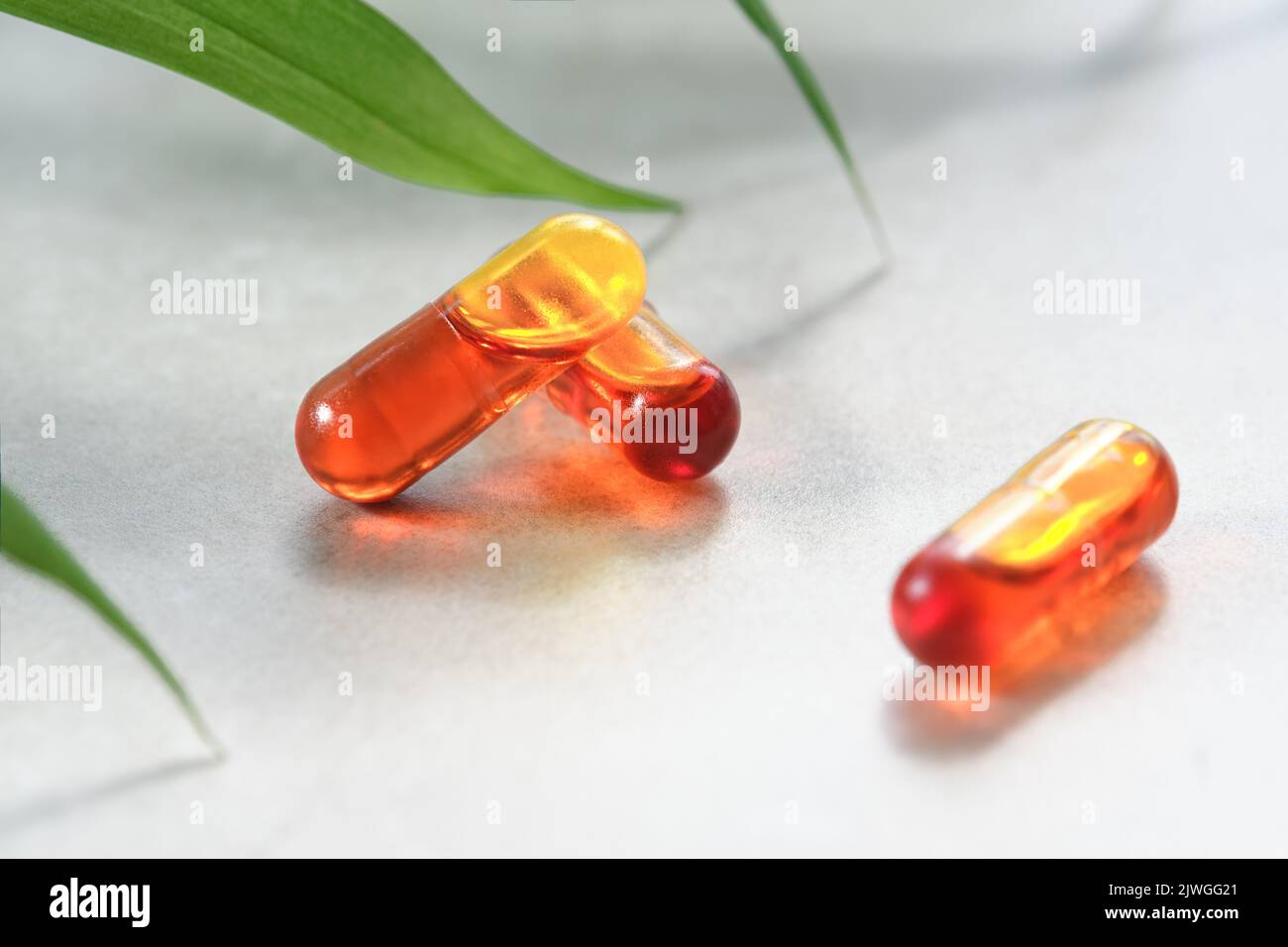 Curcumin in liquid form. Herbal capsules, herb turmeric capsules on neutral background with palm