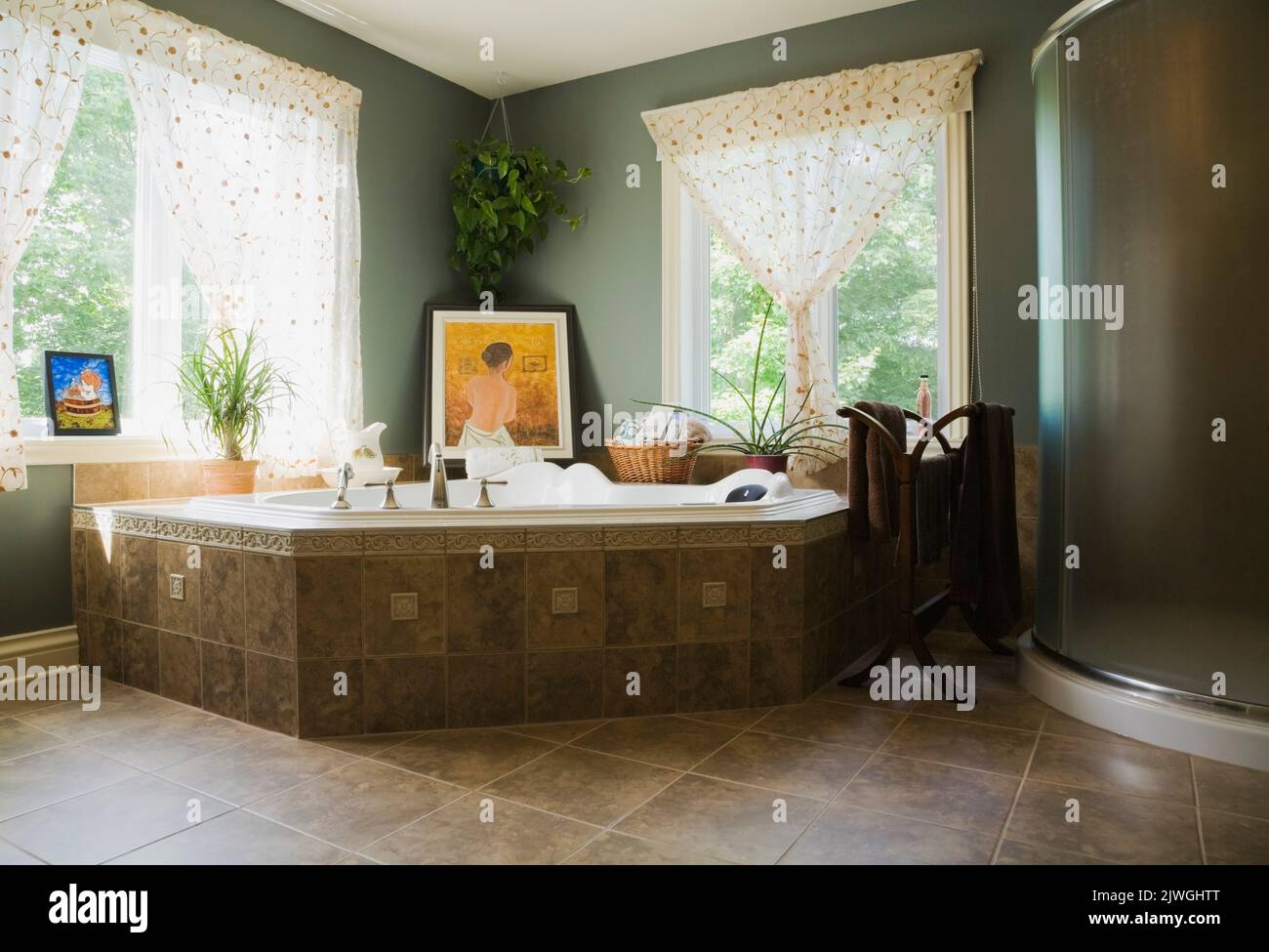 Main bathroom with whirlpool bathtub and glass shower stall inside cottage style home. Stock Photo