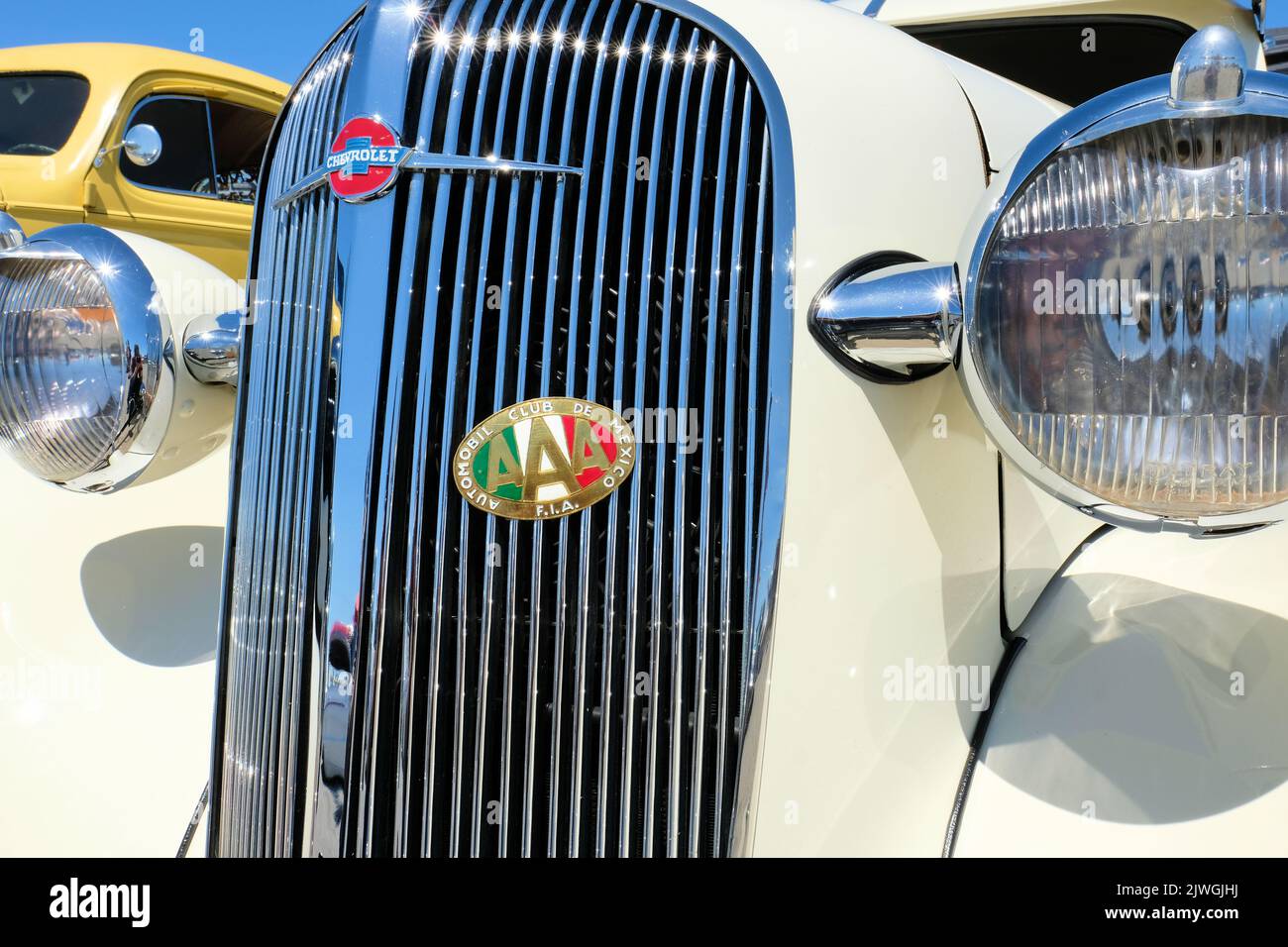1930s Chevrolet car with a Mexico Automobile Club badge on the grill, part of the International Automobile Federation. Stock Photo