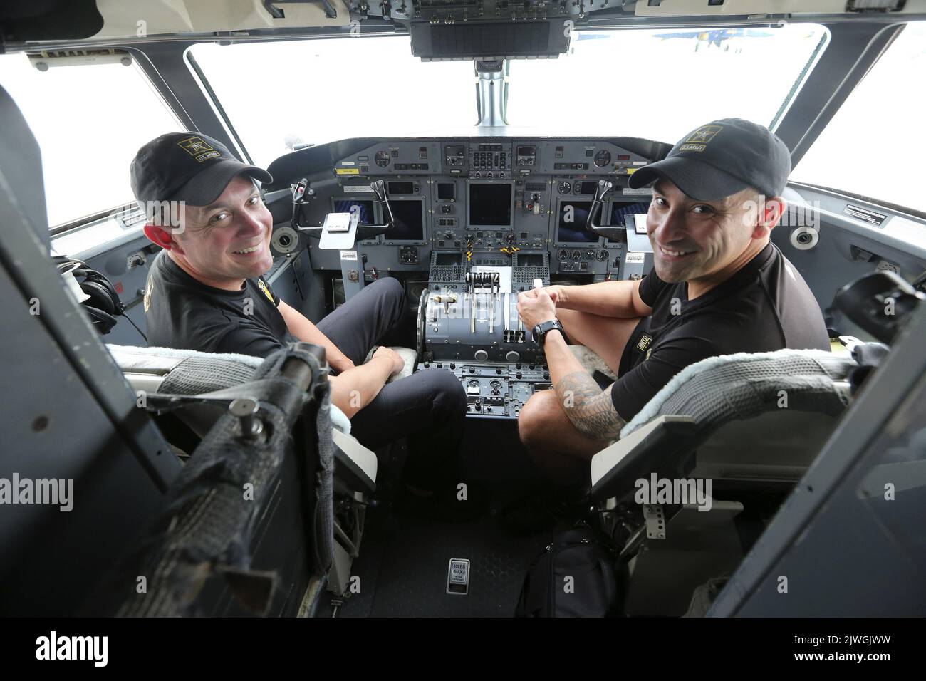 Cleveland, United States. 05th Sep, 2022. Members of the U.S. Army Golden Knights Parachute Team John Clevenger (L) and Jesse Robbins, relax in the cockpit before performing at the Cleveland National Air Show in Cleveland, Ohio on Monday, September 5, 2022. Photo by Aaron Josefczyk/UPI Credit: UPI/Alamy Live News Stock Photo