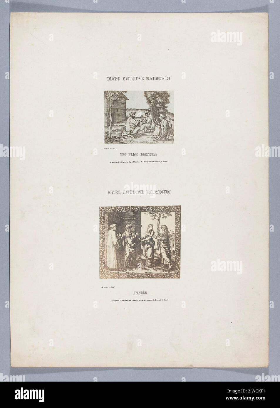 Photographs of two prints: Marcantonio Raimondi (c. 1470 or 1482 - 1527 or 1534) according to Raphael (1483-1520), Les trois docteurs ; Amadée ; sheet from: Notice sur la vie de Marc Antoine Raimondi Graveur Bolonais accompagnée de reproductions photograp???????????????????. Blanquart-Évrard, Louis-Désiré (1802-1872), printing house, Delessert, Benjamin (1817-1868), photographer, Goupil & Cie (Paryż ; firma wydawniczo-fotograficzna ; 1850-1884), publisher, Colnaghi, D. & Co. (Londyn ; galeria sztuki ; 1760- ), publisher Stock Photo