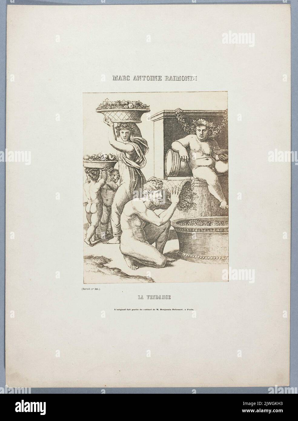 Photograph of print: Marcantonio Raimondi (c. 1470 or 1482 - 1527 or 1534) according to Raphael (1483-1520), La vendange ; sheet from: Notice sur la vie de Marc Antoine Raimondi Graveur Bolonais accompagnée de reproductions photographiques de quelques une???????????????????. Blanquart-Évrard, Louis-Désiré (1802-1872), printing house, Delessert, Benjamin (1817-1868), photographer, Goupil & Cie (Paryż ; firma wydawniczo-fotograficzna ; 1850-1884), publisher, Colnaghi, D. & Co. (Londyn ; galeria sztuki ; 1760- ), publisher Stock Photo