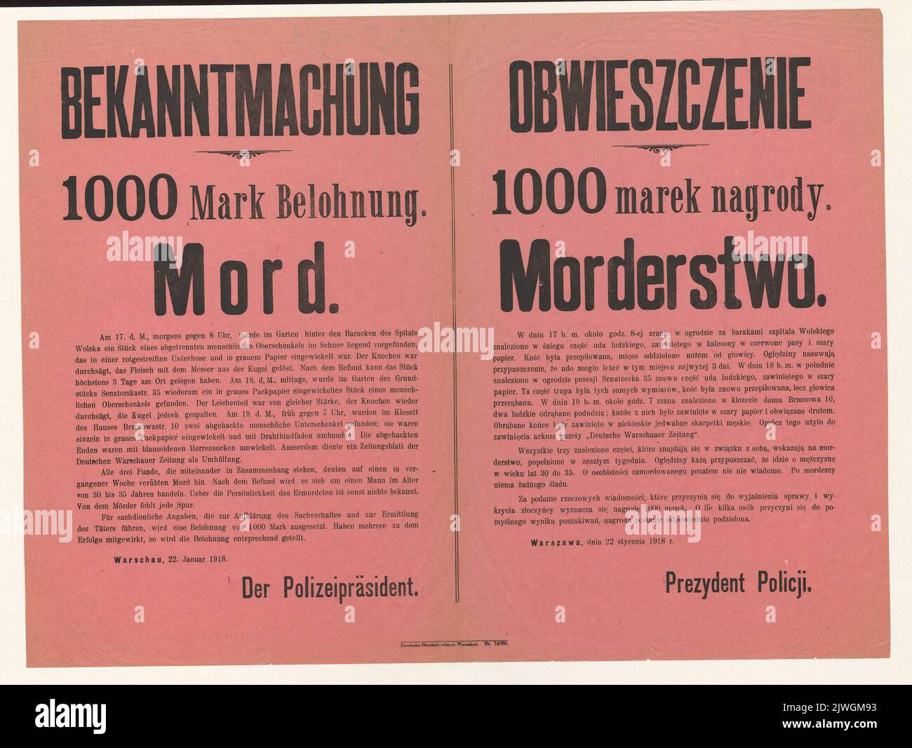 Announcement of the President of the Police Force about the establishment of a bounty for the discovery of the perpetrator of the murder in Warsaw in January of 1918, Warsaw, January 22nd, 1918. Glasenapp, Ernst Reinhold Gerhard von (1861-1928), author, Deutsche Staatsdruckerei Warschau (Warszawa ; drukarnia ; 1916-1918), printing house Stock Photo