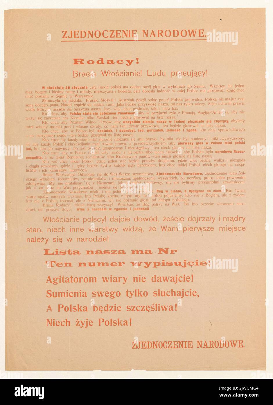 Election poster of the Zjednoczenie Narodowe [National Union] [concerns the elections to the Legislative Sejm of the Republic of Poland in 1919]. unknown, printing house Stock Photo