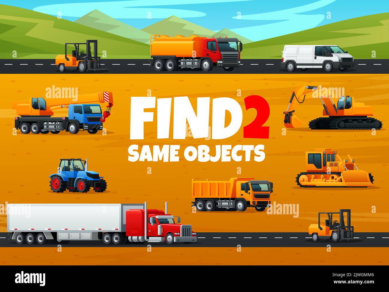Find two same objects. Construction machinery and industrial transport