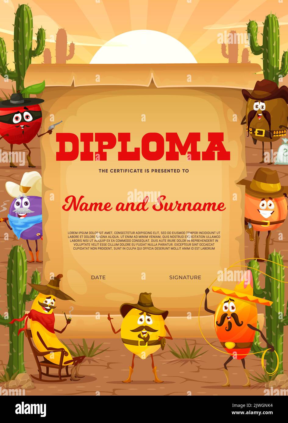 Kids diploma. Wild West cartoon fruit cowboy, ranger, sheriff and robber characters vector certificate. Graduation diploma with mango and kiwi, apple, lemon, plum and banana personages in Texas desert Stock Vector