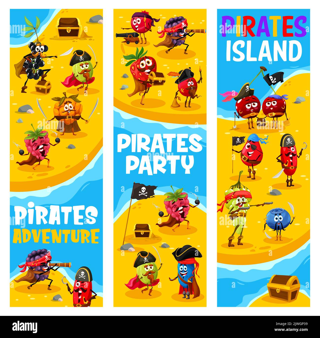 Cartoon funny berry pirates and corsairs on treasure island. Blackcurrant, elderberry and gooseberry, raspberry, blackberry, and rosehip, cowberry, strawberry and honeyberry funny pirate personages Stock Vector