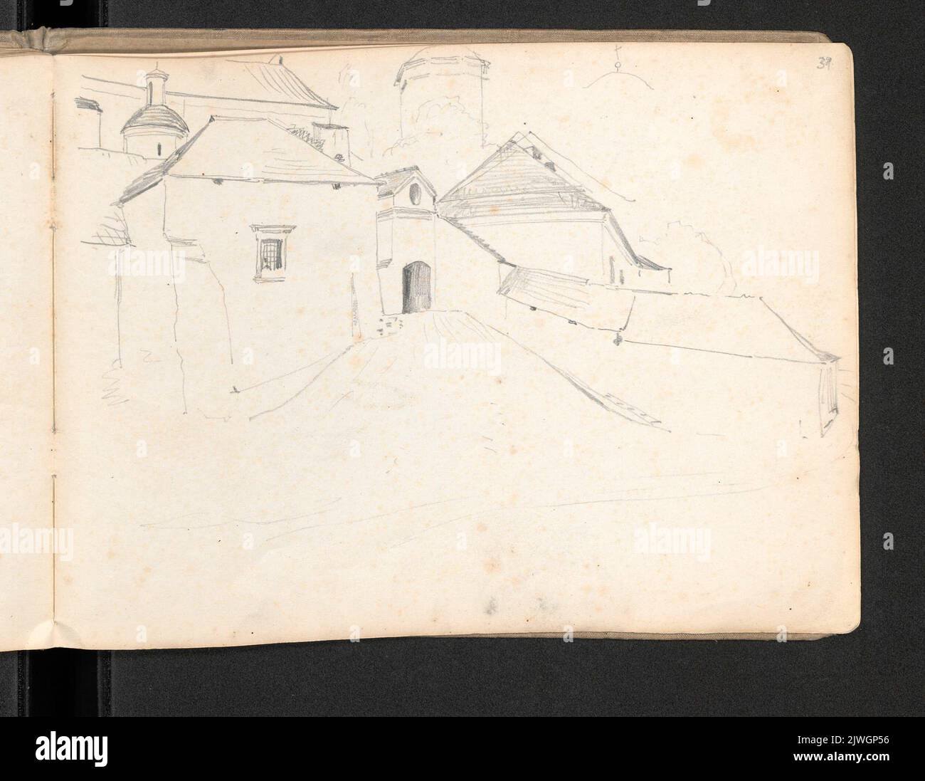 Monastery buildings; verso: branches. Brandt, Józef (1841-1915), draughtsman, cartoonist Stock Photo