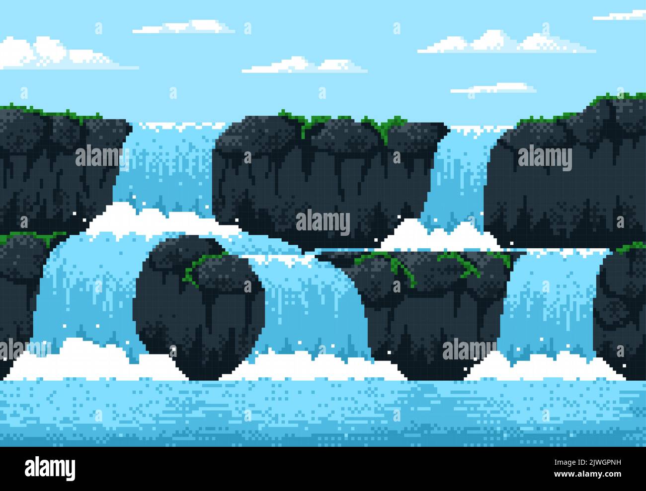 8 bit pixel game waterfall cascade landscape, video arcade vector background. 8bit pixel art water fall with splashes from mountain rock or volcano island, for game level and cartoon interface Stock Vector