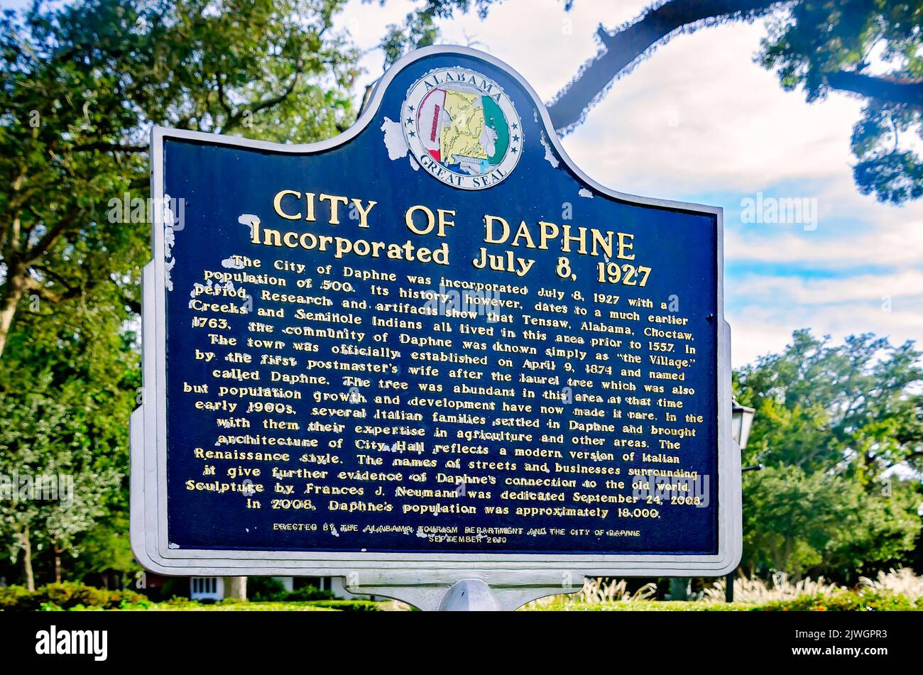 A historic marker stands in downtown Daphne, Sept. 4, 2022, in Daphne