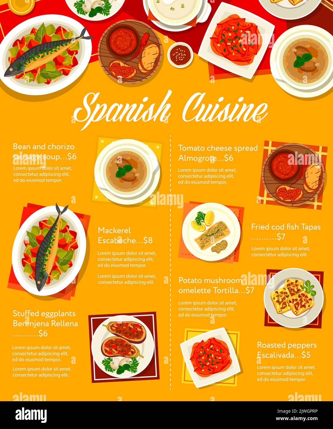 spanish-cuisine-meals-menu-template-potato-mushroom-omelette-cod-fish