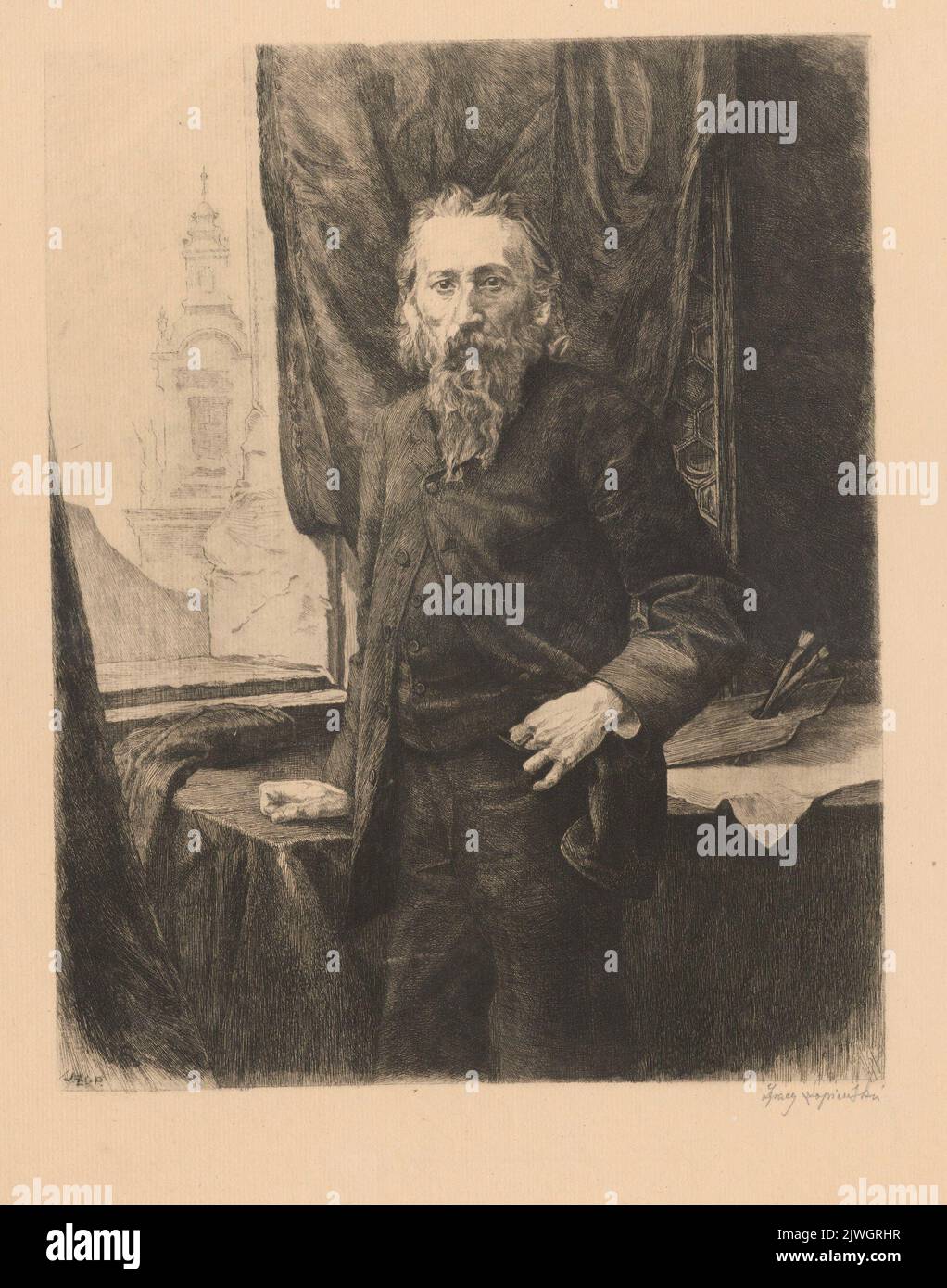 Portrait of Jan Matejko Against Wawel Cathedral Tower. Łopieński, Ignacy (1865-1941), graphic artist Stock Photo