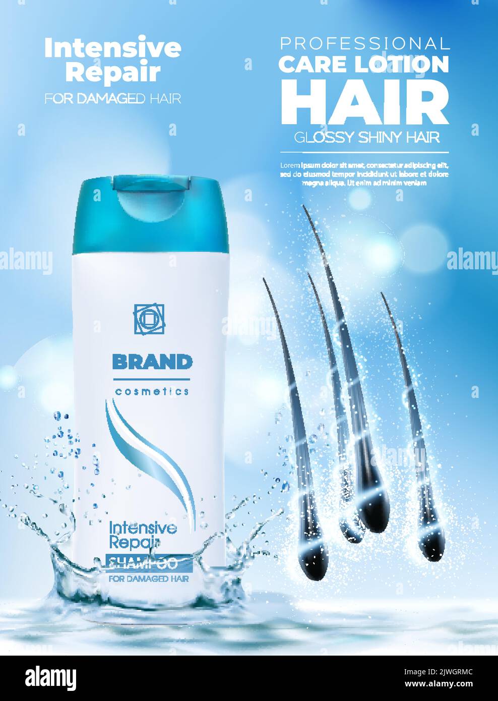 Realistic hair shampoo and care lotion bottle with splash. Cosmetics
