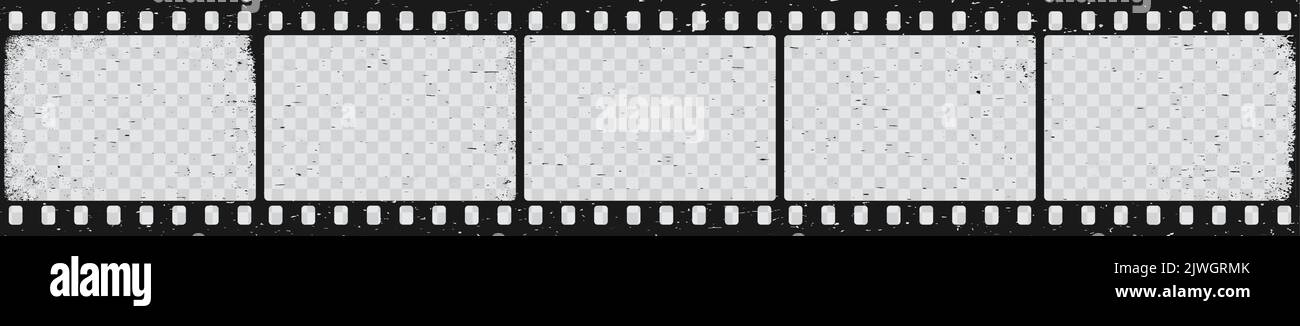 Old grunge movie film long strip, vintage filmstrip. Vector celluloid reel frame, photo negative picture or cinema slide with scratched borders, retro photography with grainy texture isolated film Stock Vector
