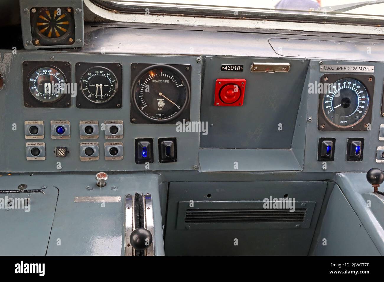 Drivers cab of the 1970s BR HST High Speed Train APT preserved at Crewe, Cheshire, England, UK Stock Photo