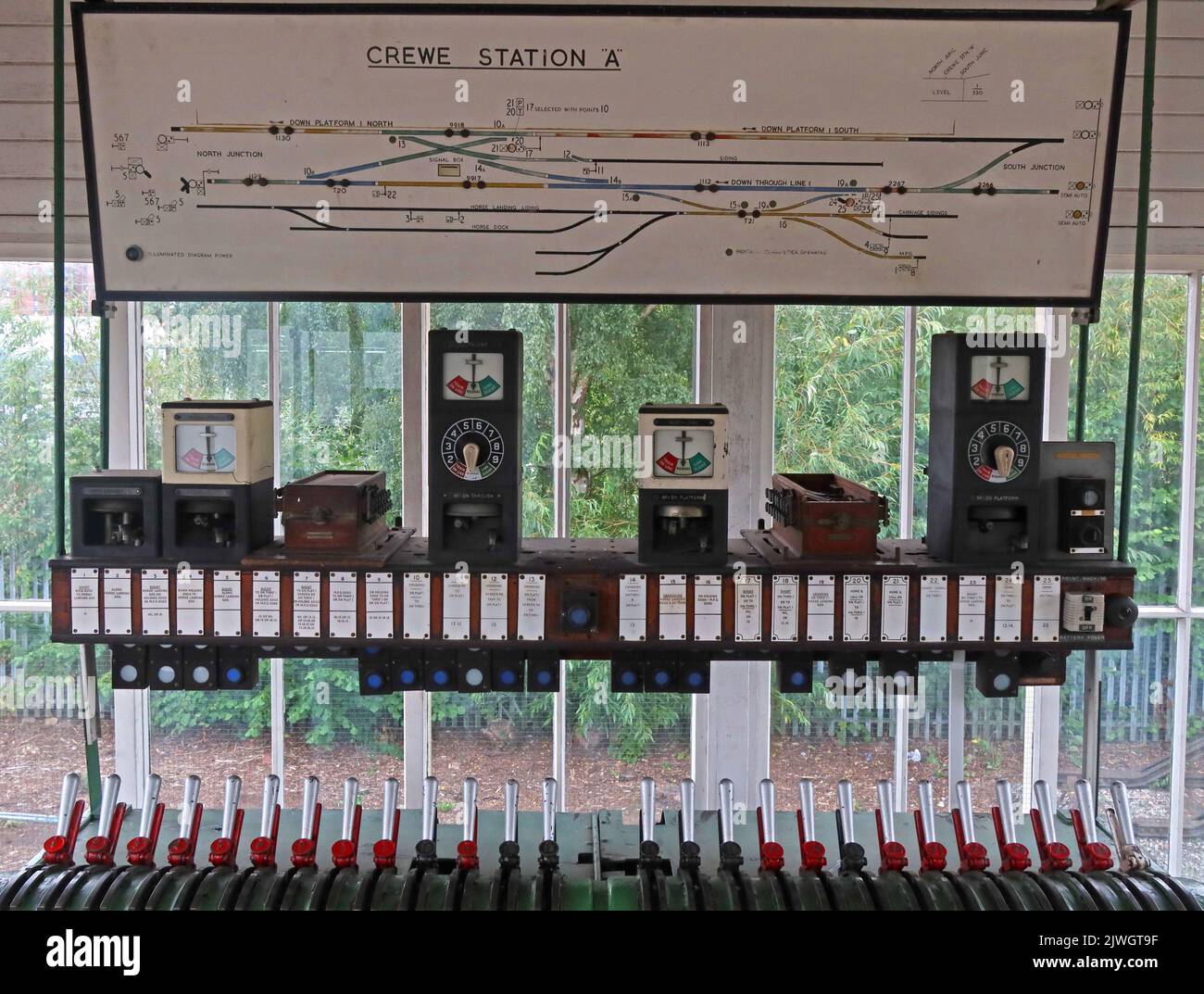 Traditional Victorian railway signalbox dashboard and schematic, Crewe Station A, at Cheshire, England, UK, CW1 2DB Stock Photo