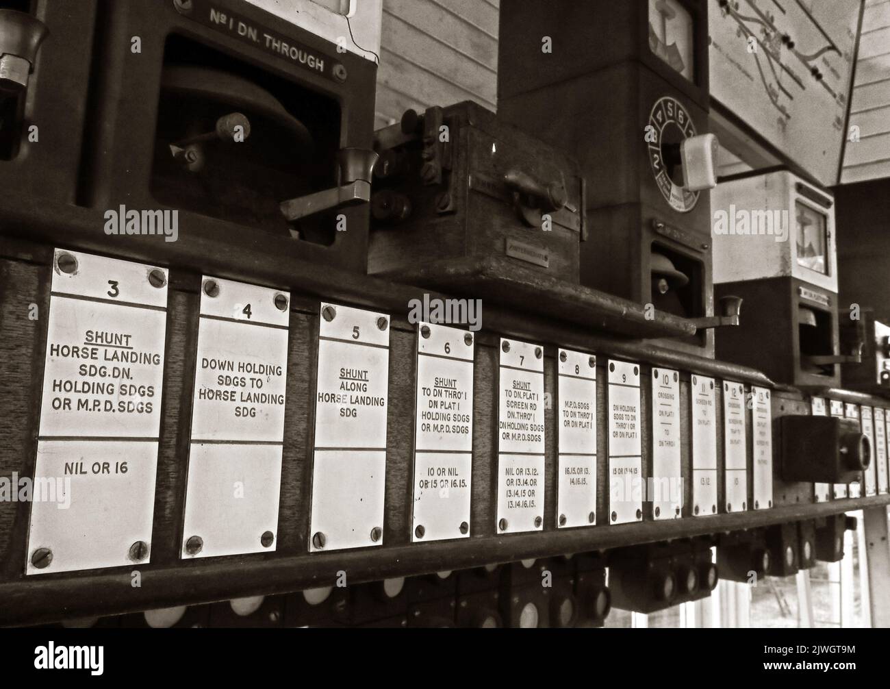 Sepia view of signal box interior, Station A, Horse landing, Crewe, Cheshire, England, UK, CW1 2DB Stock Photo