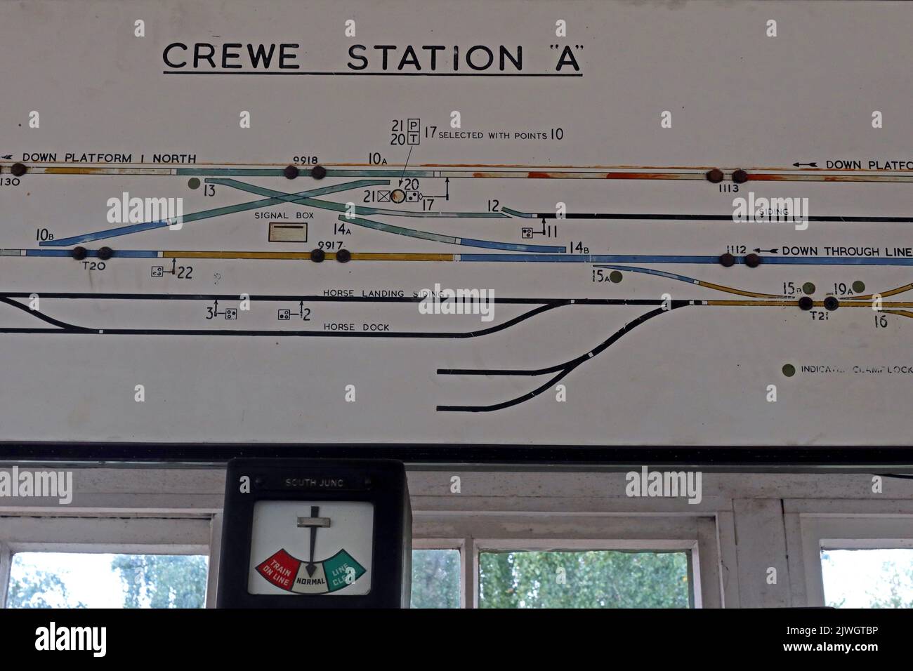 Traditional Victorian railway signalbox schematic diagram map, Crewe Station A, at Cheshire, England, UK, CW1 2DB Stock Photo