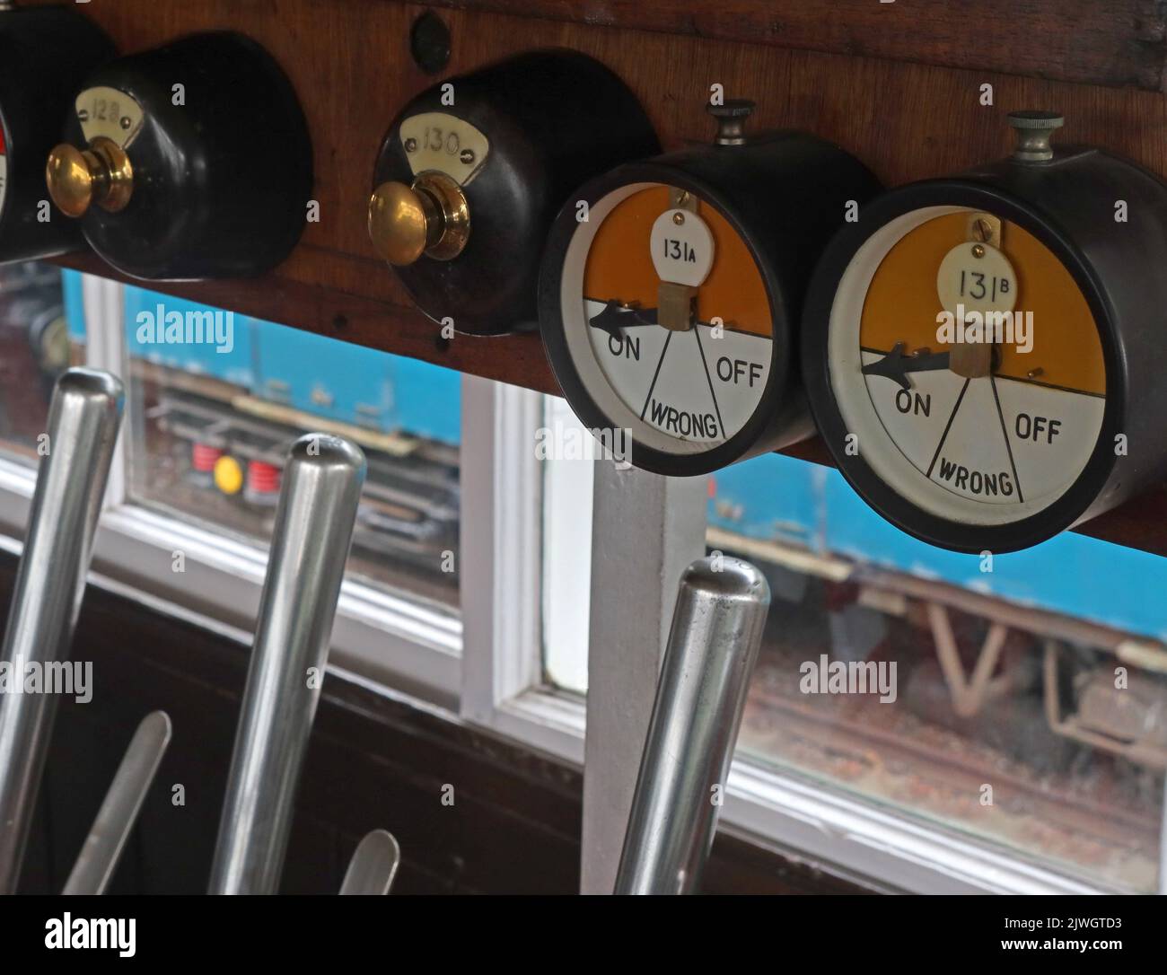 Signalbox indicators, ON ,OFF, WRONG, Exeter West signals, Crewe, Cheshire, England, UK, CW1 - Heritage centre Stock Photo