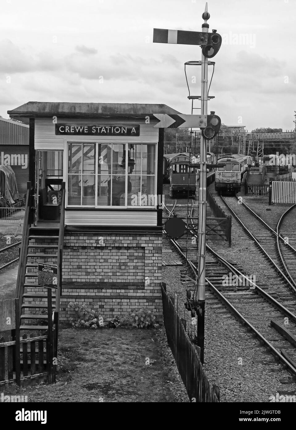 Black and White Traditional Victorian railway signalbox, Crewe Station A, at Cheshire, England, UK, CW1 2DB Stock Photo