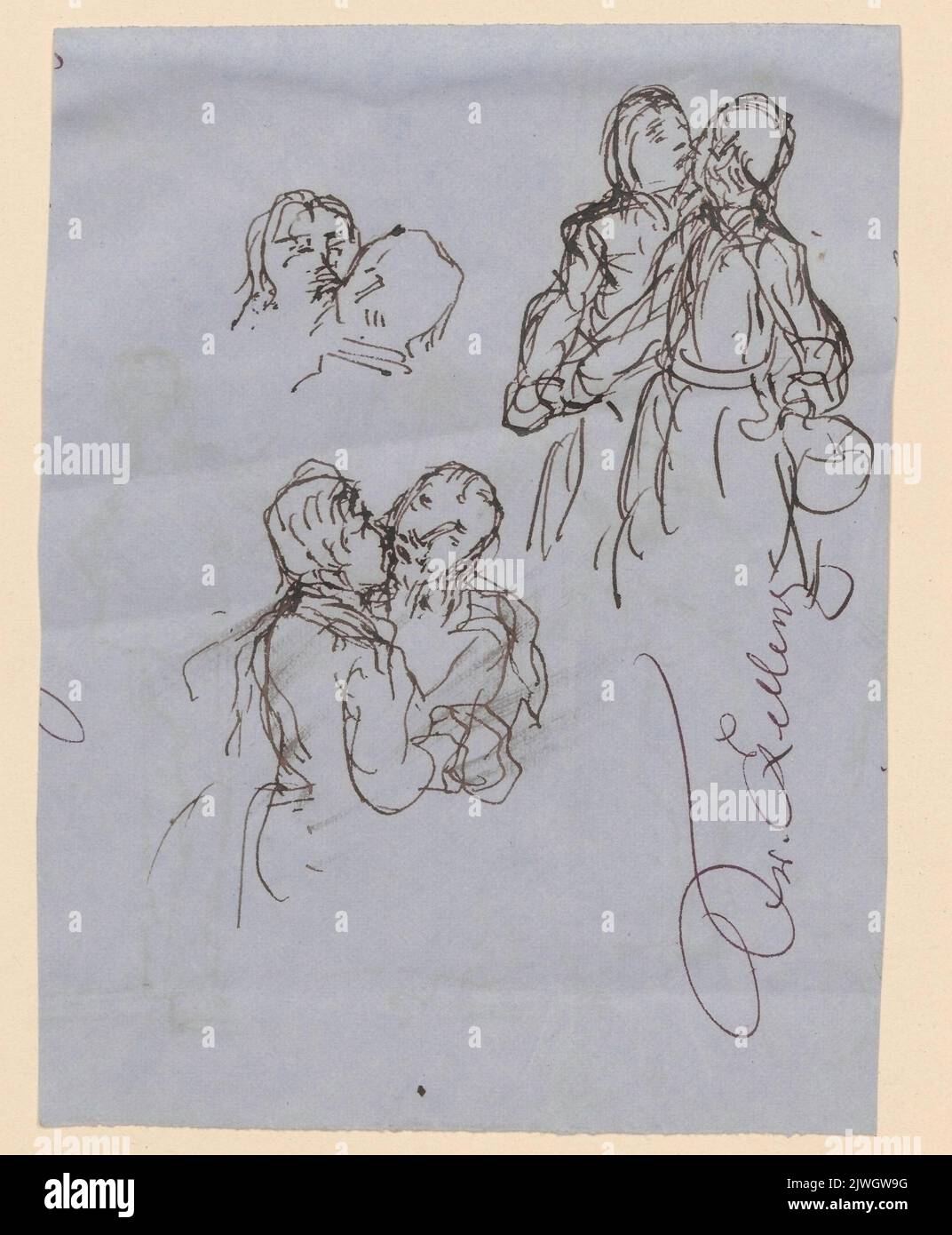 Three sketches of a kissing couple; verso: two violin players by a music stand. Scholtz, Julius (1825-1893), draughtsman, cartoonist Stock Photo