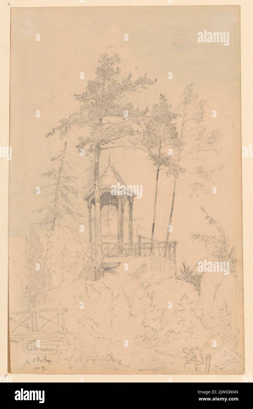 Arbour in the park in Rabenau; verso, sketch of head of a bearded man