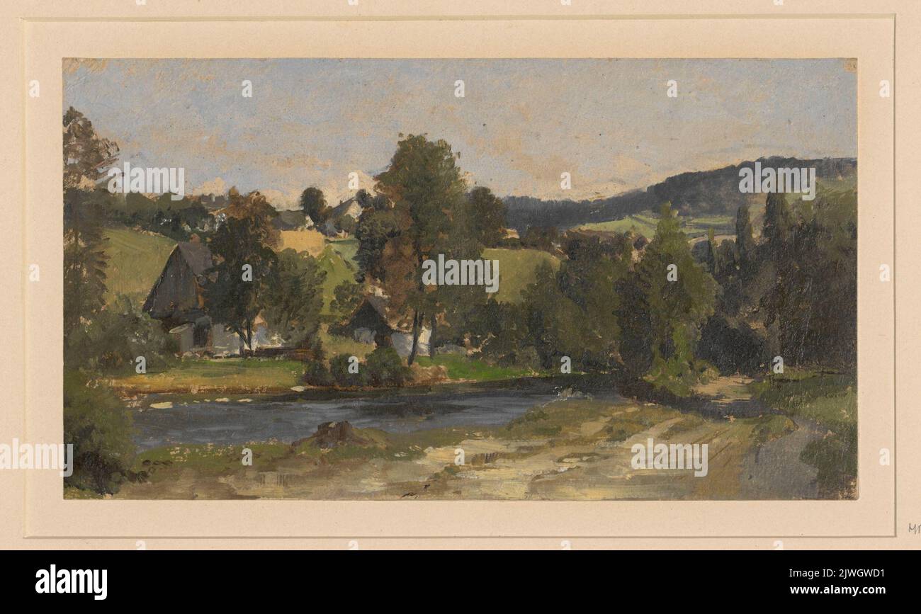 Landscape with a river and huts in Zlate Hory. Dressler, Adolf (1833-1881), draughtsman, cartoonist Stock Photo