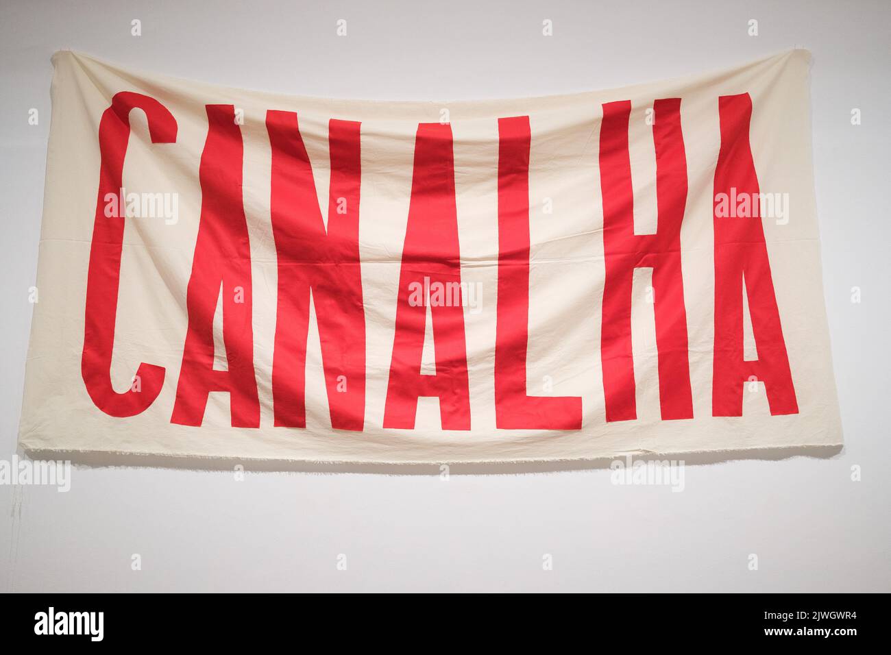 (Editor's Note: Editorial Use Only) Flag of 'Canalha'' seen during the exhibition 'Giro grafico. Como en el muro la hiedra', at the Reina Sofia Museum. This exhibition was carried out by the Network of Conceptualisms of the South, makes a tour of graphic initiatives from the 1960s to the present on politically oppressive contexts of urgencies in Latin America. Graphic spin. As on the wall, the ivy is the result of a long process of collective research carried out by the Red de Conceptualismos del Sur in collaboration with the Reina Sofía Museum. The exhibition proposes a journey through the g Stock Photo