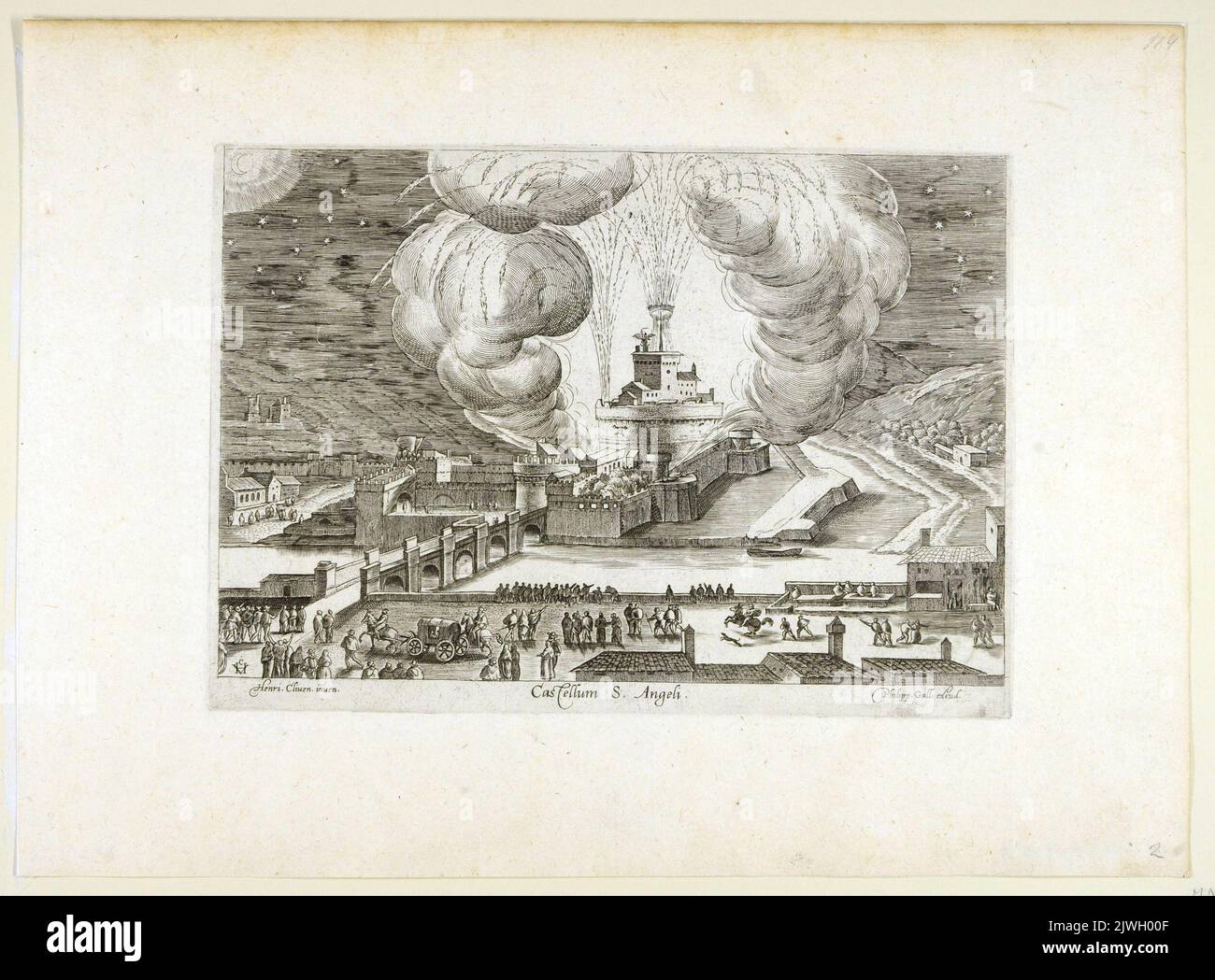 Castel Sant’Angelo in Rome seen at night, illuminated by fireworks. Thirteenth print from the cycle.. Galle, Theodor (1571-1633), graphic artist, Galle, Philips (1537-1612), graphic artist, Cleve, Hendrick van, III (ca 1525-1589), draughtsman, cartoonist Stock Photo