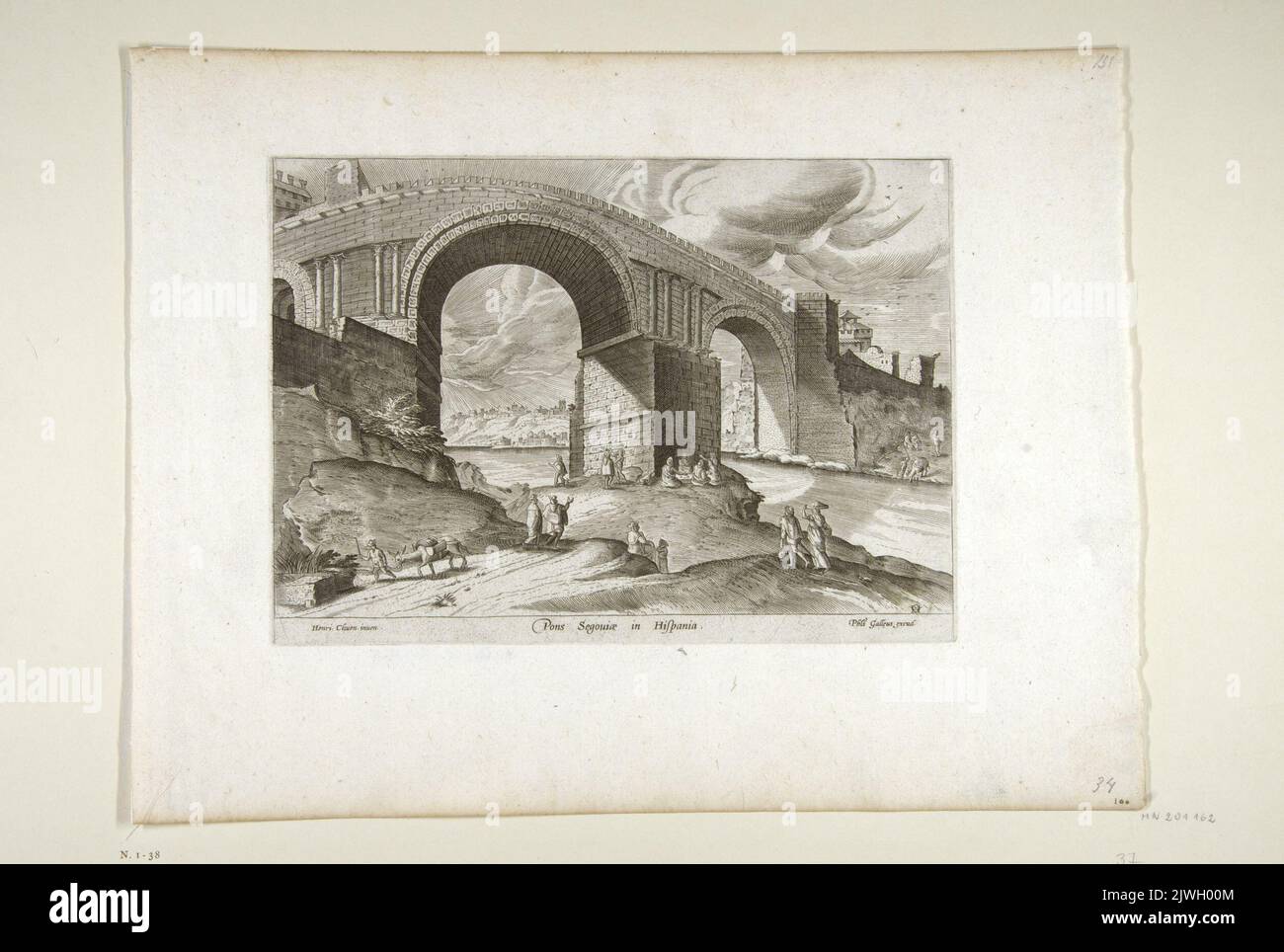 Pons Segouiae in Hispania. View of a bridge in Segovia, Spain.. Galle, Theodor (1571-1633), graphic artist, Galle, Philips (1537-1612), graphic artist, Cleve, Hendrick van, III (ca 1525-1589), draughtsman, cartoonist Stock Photo