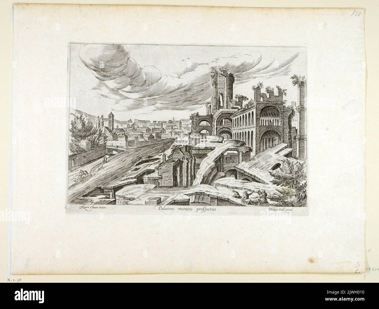 View of the ruins of the Palatine Hill - Palatini montis prospectus; at the bottom on the right - the Artist sketching the view. Galle, Theodor (1571-1633), graphic artist, Galle, Philips (1537-1612), graphic artist, Cleve, Hendrick van, III (ca 1525-1589), draughtsman, cartoonist Stock Photo