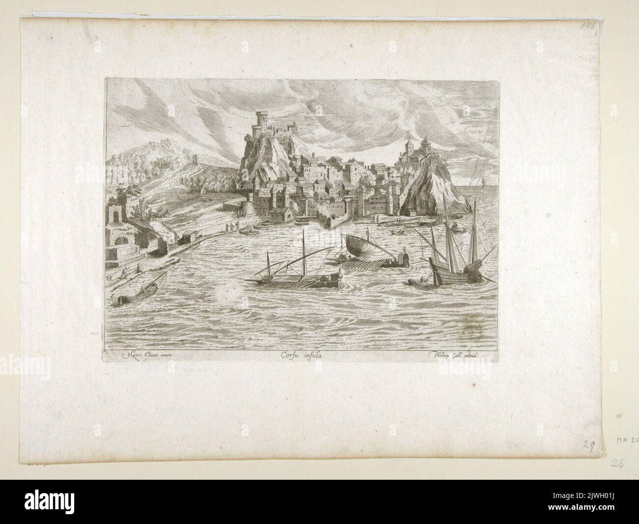 View of the Island of Corfu from the side of the sea - Corfu insula. Galle, Theodor (1571-1633), graphic artist, Galle, Philips (1537-1612), graphic artist, Cleve, Hendrick van, III (ca 1525-1589), draughtsman, cartoonist Stock Photo