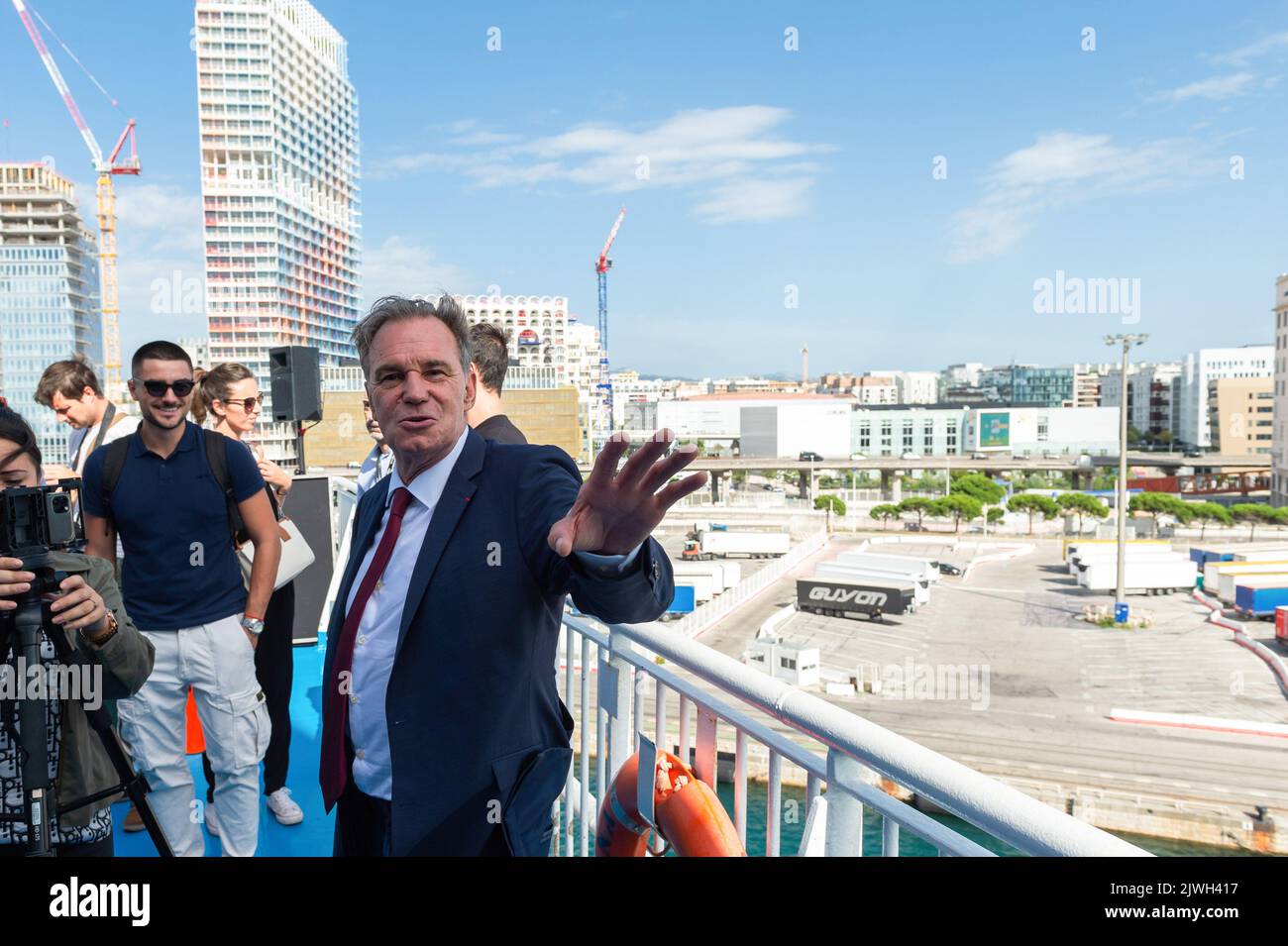 Renaud Muselier, President of Region South reacts during the visit. The Piana is a ferry of the Compagnie Meridionale de Navigation (named La Meridionale) that connects Marseille to Ajaccio. After 5 years of studies and two years of field tests, it is the first ship in the world to be equipped with a particle filter technology that eliminates up to 99.9% of fine and superfine particles. Toxic emissions from shipping in Marseille are a major public health concern. This technology developed by CMN and its technical partners Solvay and Andritz is a world first in the shipping industry. (Photo by Stock Photo