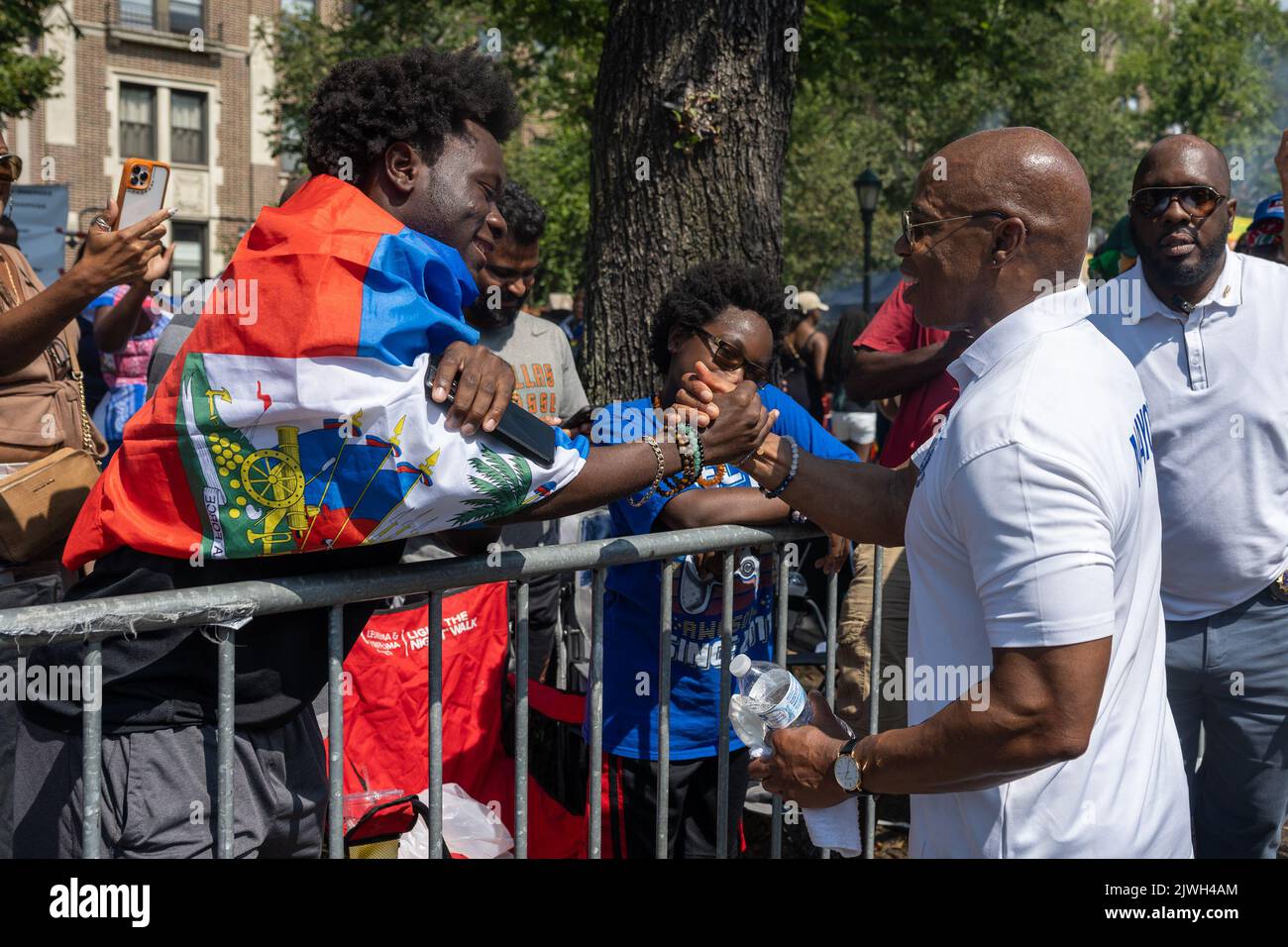 Brooklyn, NY, Sept.5, 2022. NYC Mayor Eric Adams greets revelers of the West Indian Day Parade