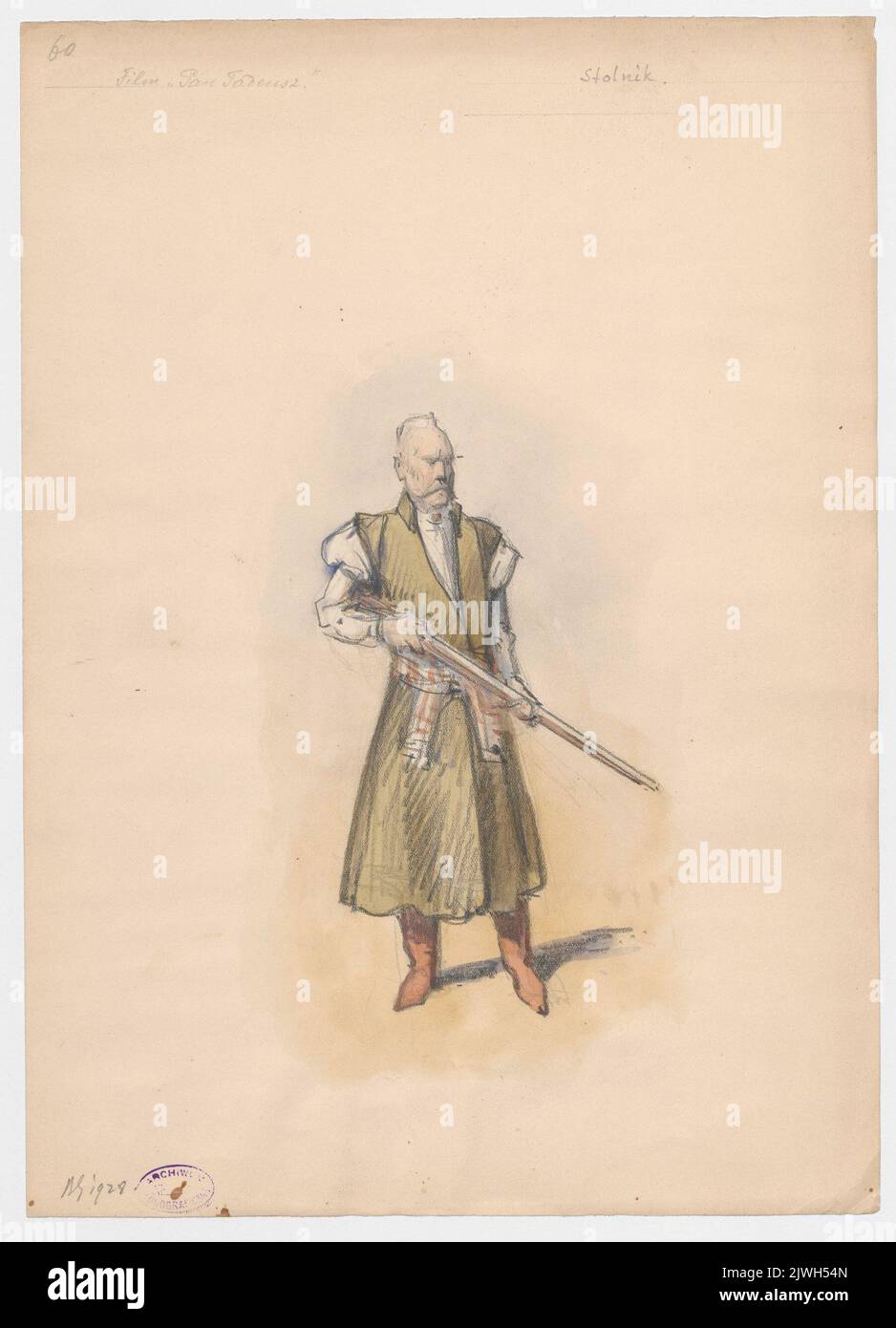 Design of the costume of Stolnik for the film 'Pan Tadeusz' [Master Thaddeus], directed by Ryszard Ordyński, from 1928. Gembarzewski, Bronisław (1872-1941), draughtsman, cartoonist Stock Photo