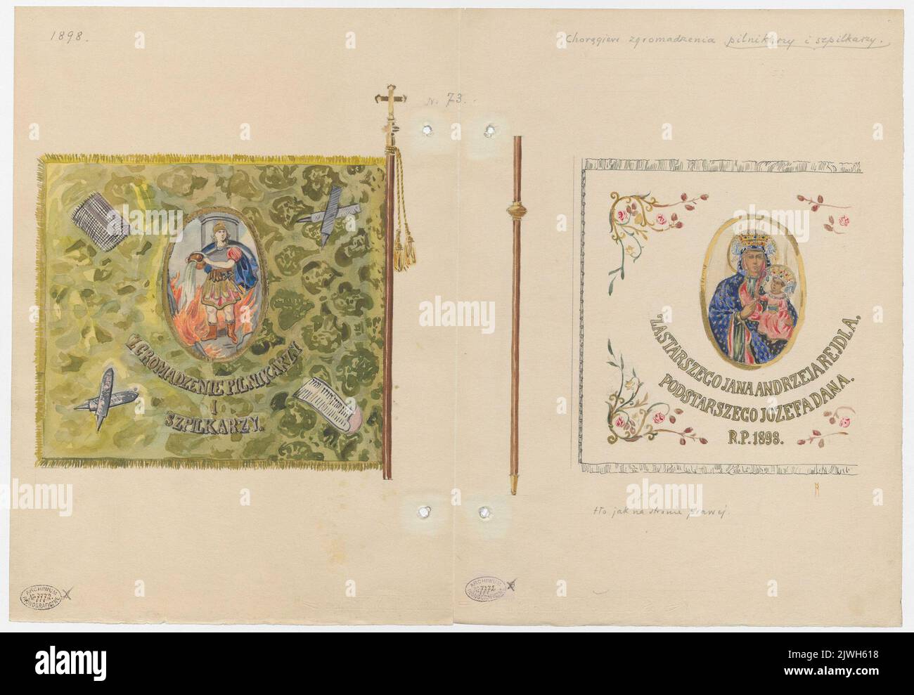 Heraldic flag of the association of filemakers and needlemakers, 1898 - two drawings of both sides: with an image of St. Florian and inscription and image of the Holy Mother of Częstochowa and inscription. Maszyński, Mariusz (1888–1944), draughtsman, cartoonist Stock Photo