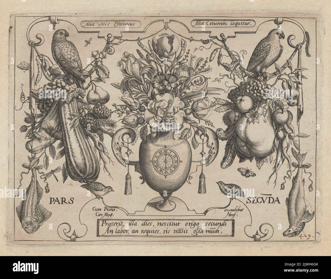 The title page of part II of the cycle: flower and fruit garlands with two parrots sitting on them, in the middle, a vase with a bouquet of flowers, with the clock motif on the belly.. Hoefnagel, Jacob (1575-ca 1630), graphic artist, Hoefnagel, Joris (1542-1601), draughtsman, cartoonist Stock Photo